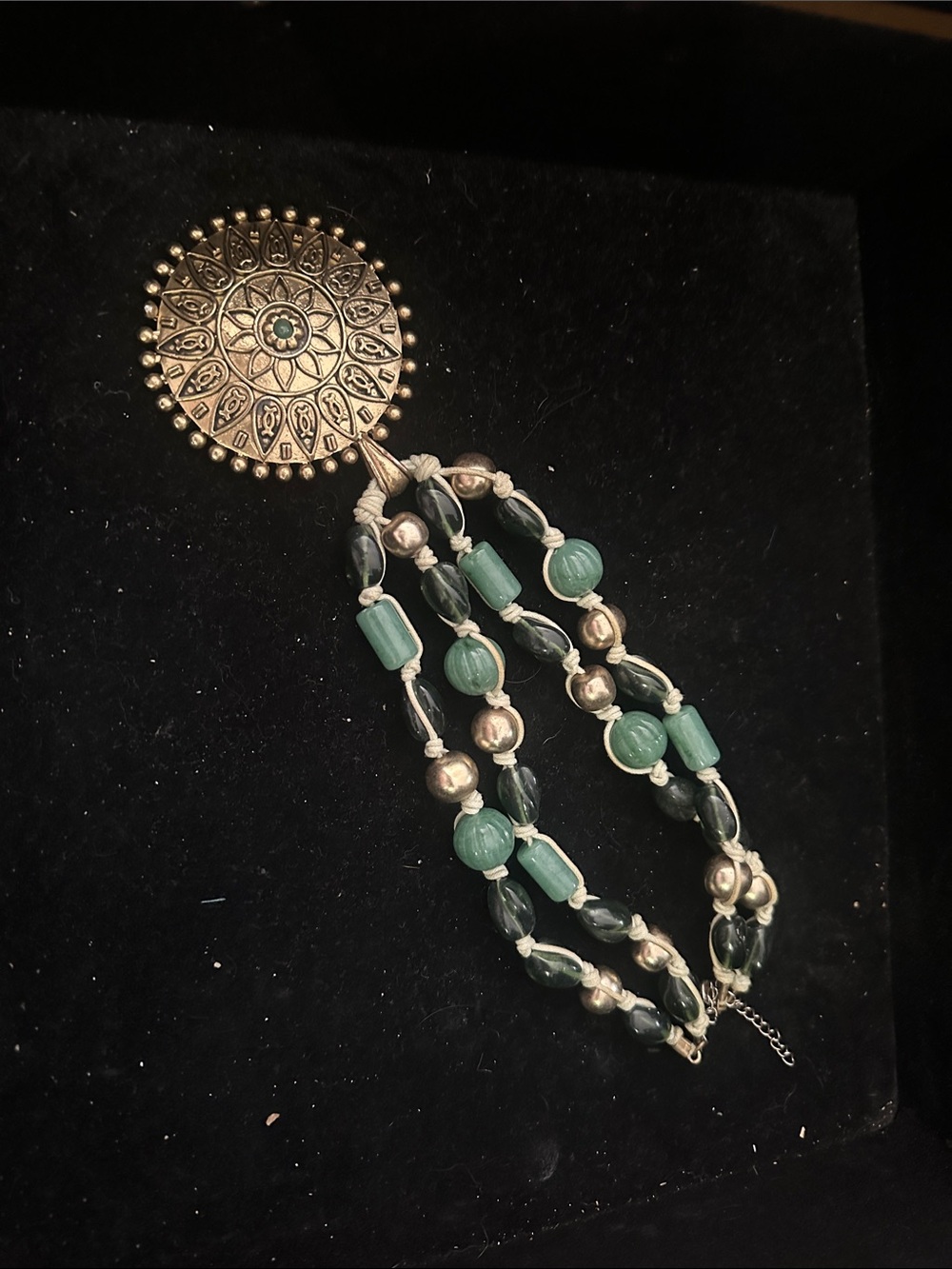 Handcrafted Green Beaded Triple-Strand Bracelet with Ornate Gold Medallion